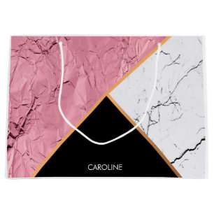 Grand Sac Cadeau Rose Gold Noir et Motif Marbre blanc