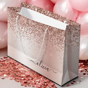 Grand Sac Cadeau Rose Gold - Paillettes Rose Foncé Monogramme Métal