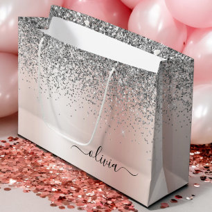 Grand Sac Cadeau Rose Gold - Rose Pâle Pailleté Argent Monogramme