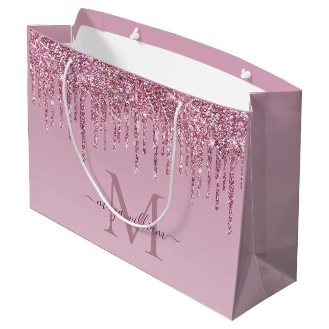 Grand Sac Cadeau Rose Parties scintillant Lecteurs Monogramme Perso (Dos Angle)