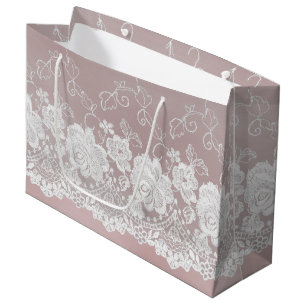 Grand Sac Cadeau Rose romantique Blush Rose Blanche dentelle Mariag