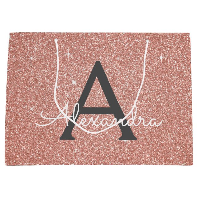 Grand Sac Cadeau Rose Rose Parties scintillant Or & Monogramme étin (Devant)