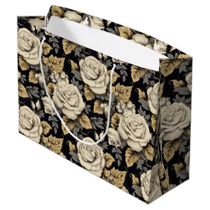 Grand Sac Cadeau Roses Blanches Et Feuilles D'Or Motif Floral