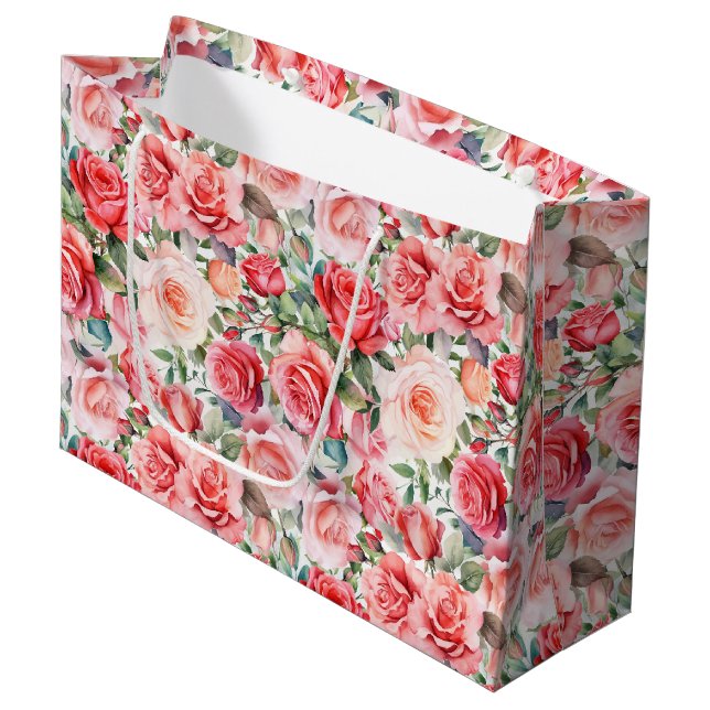 Grand Sac Cadeau Roses d'aquarelle rose romantique (Devant Angle)