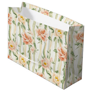 Grand Sac Cadeau Roses Menthe Pêche Rayures Florales Anniversaire