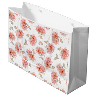 Grand Sac Cadeau Roses roses et feuilles