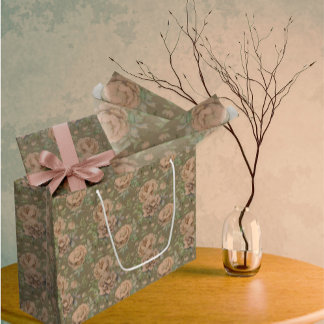 Grand Sac Cadeau Roses roses pêche abîmées rose poussiéreux vert