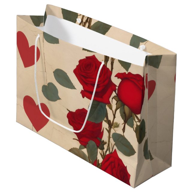 Grand Sac Cadeau Roses rouges avec Coeurs Motif romantique (Devant Angle)