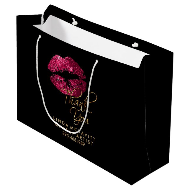 Grand Sac Cadeau Rouge à lèvres rose chaud sur noir - Merci (Devant Angle)