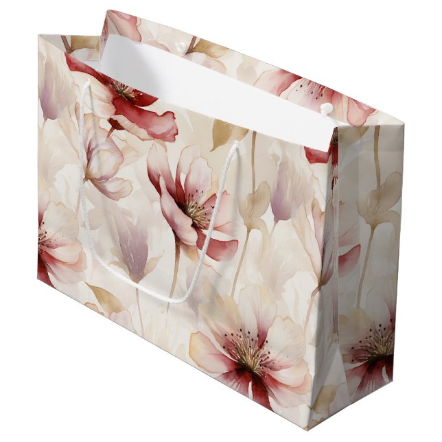 Grand Sac Cadeau Rouge Bourgogne Crème Fête de Mariage Florale (Devant Angle)
