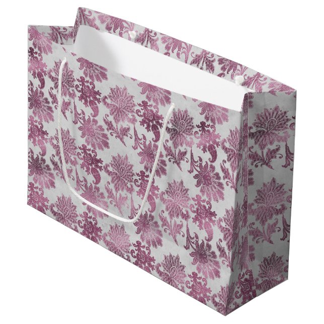 Grand Sac Cadeau Rouge Bourgogne Fleur Argent (Devant Angle)