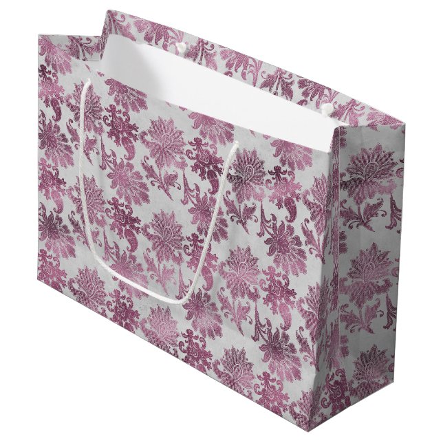 Grand Sac Cadeau Rouge Bourgogne Fleur Argentée (Devant Angle)