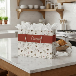 Grand Sac Cadeau Rouge Crème Boho Woodland Winterberry Monogramme N