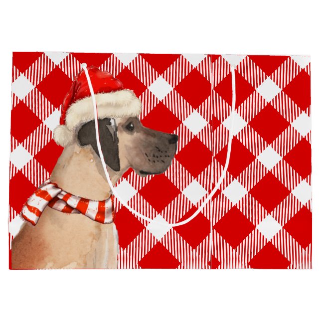 Grand Sac Cadeau Rouge et blanc plaid avec grand chien Danois Noël (Dos)