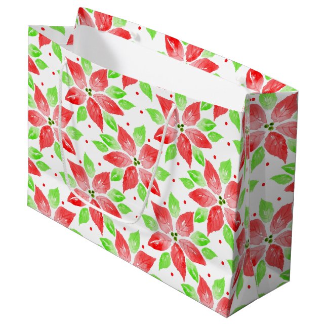 Grand Sac Cadeau Rouge vert Aquarelle Poinsettia Motif (Devant Angle)