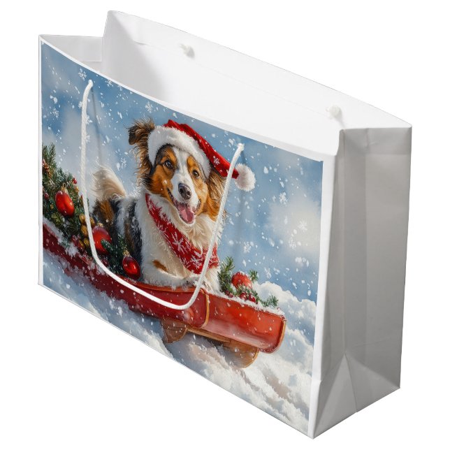 Grand Sac Cadeau Rough Collie Dog in Sledge Let Snow Christmas (Devant Angle)