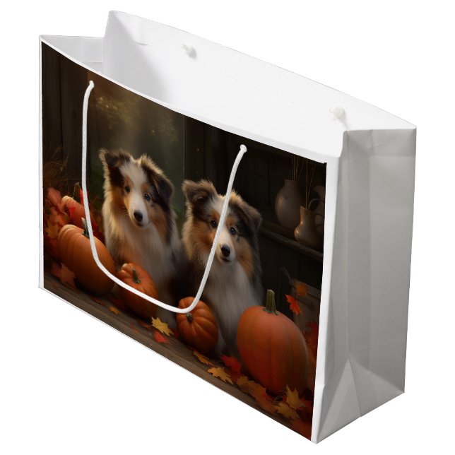 Grand Sac Cadeau Rough Collie Puppy Automne Citrouille de plaisir (Devant Angle)