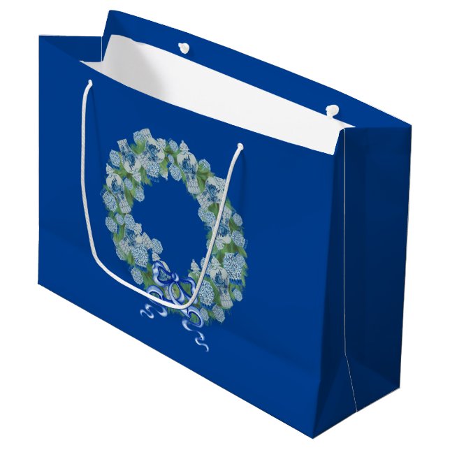 Grand Sac Cadeau Royal Blue Christmas Chinoiserie Wreath (Devant Angle)