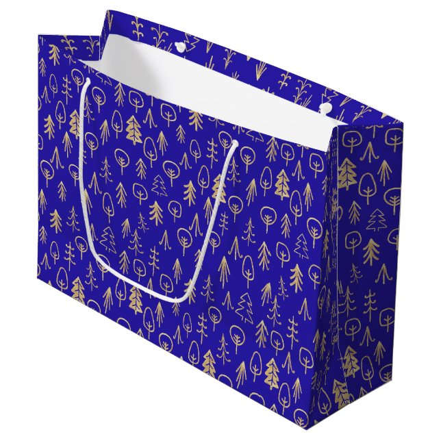 Grand Sac Cadeau Royal Blue Gold Foil Forest Motif (Devant Angle)