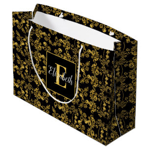 Grand Sac Cadeau Royal noir et or damassé floral nom personnalisé