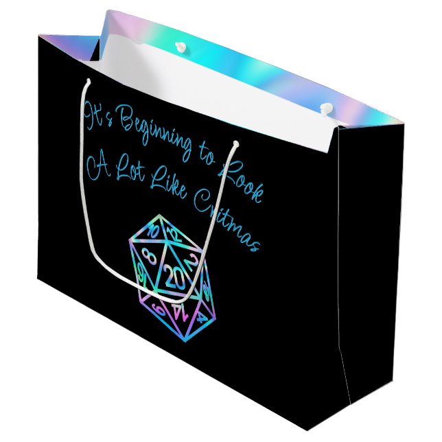 Grand Sac Cadeau RPG Critmas | Holo Retro Tabletop Role Player Dice (Devant Angle)