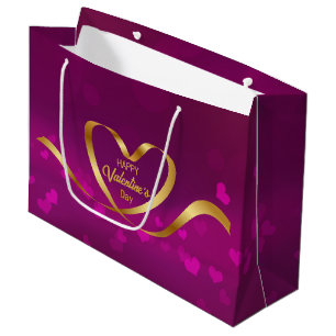 Grand Sac Cadeau Ruban d'or de coeur Heureuse Sainte-Valentin viole