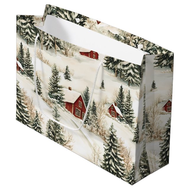 Grand Sac Cadeau Russe Snowy Woodland Village Rouge Blanc Noël (Devant Angle)