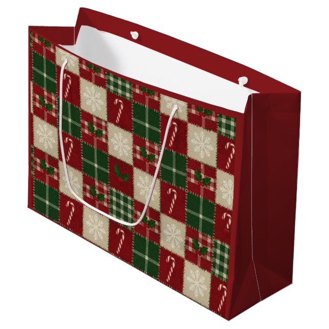 Grand Sac Cadeau Rustic Christmas Quilt Plaid (Devant Angle)