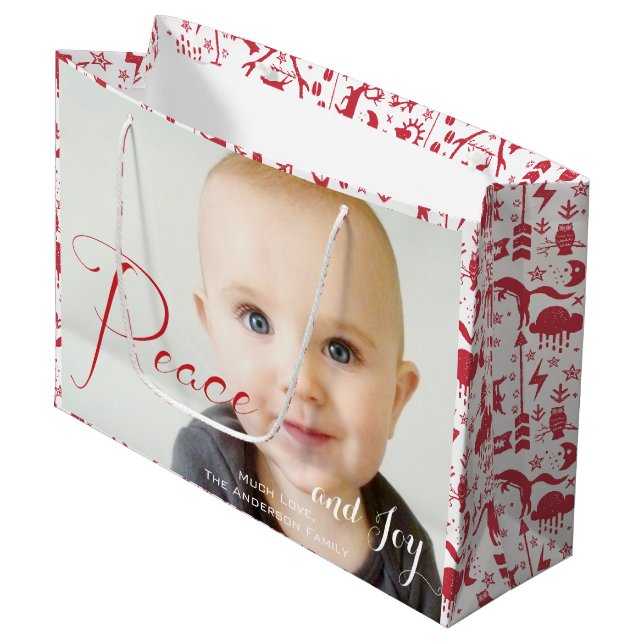 Grand Sac Cadeau Rustic Red Fox Motif Photos de famille de Noël (Devant Angle)
