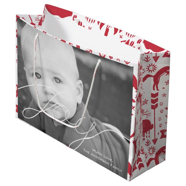 Grand Sac Cadeau Rustic Red Fox Motif Photos de famille de Noël (Devant Angle)