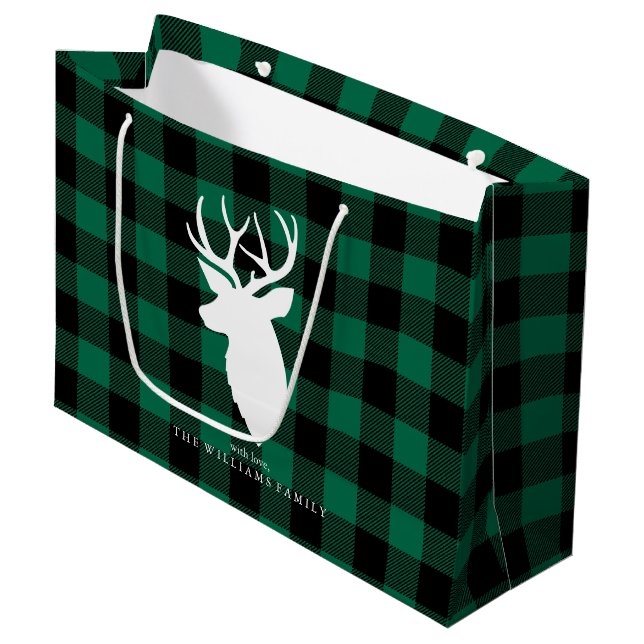 Grand Sac Cadeau Rustique Green Plaid Motif Noël (Devant Angle)