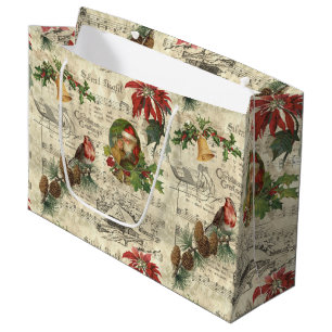 Grand Sac Cadeau Rustique Vintage Noël Musique Florale Ephémère