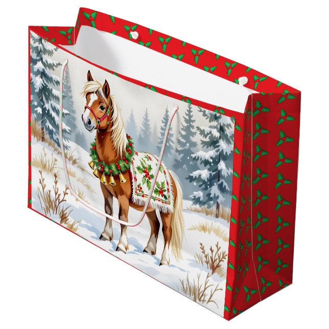 Grand Sac Cadeau Sac-cadeau Shetland Pony et Holly Christmas Medium (Devant Angle)
