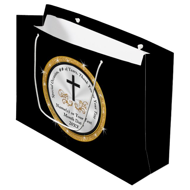 Grand Sac Cadeau Sacs-cadeaux Christian, Or personnalisé et noir (Devant Angle)