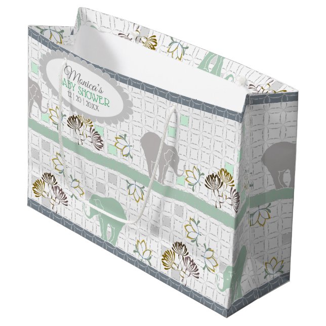 Grand Sac Cadeau Safari éléphant vert | BABY SHOWER (Devant Angle)