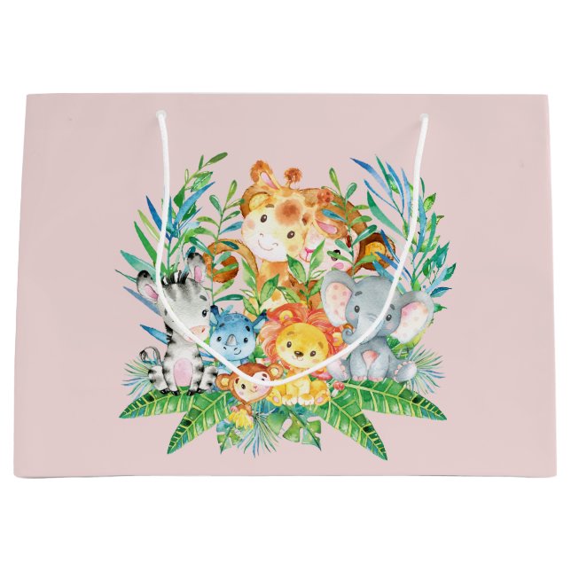 Grand Sac Cadeau safari Jungle Animaux Filles Baby shower Cadeau (Devant)