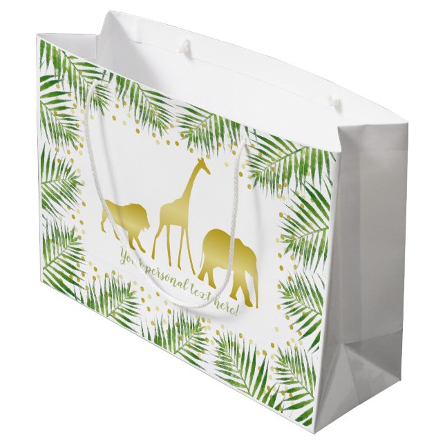 Grand Sac Cadeau Safari tropical Animaux Gold Green Party (Dos Angle)
