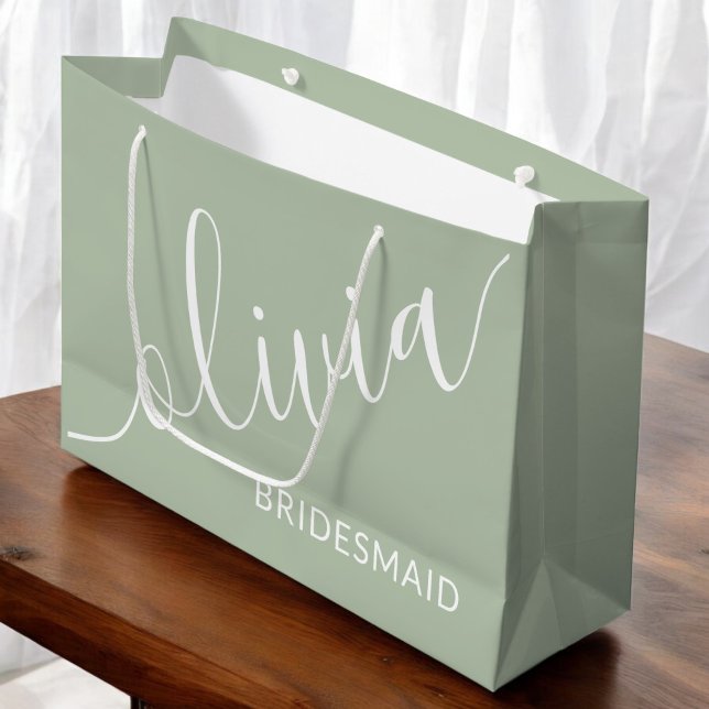 Grand Sac Cadeau Sage Green Bridesmaid Script minimaliste moderne (Créateur téléchargé)
