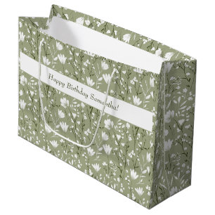Grand Sac Cadeau Sage Green et White Floral Anniversaire pour elle