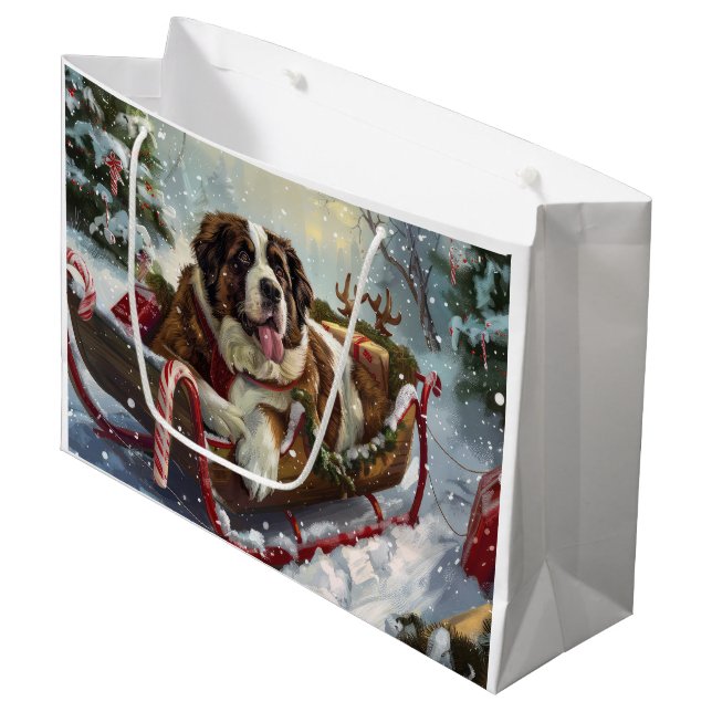 Grand Sac Cadeau Saint Bernard Chien Festif de Noël (Devant Angle)
