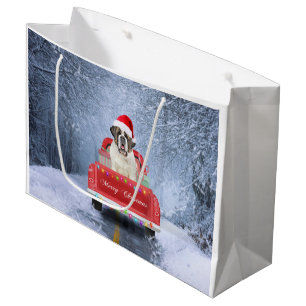 Grand Sac Cadeau Saint Bernard Dog en Neige assis Camion de Noël