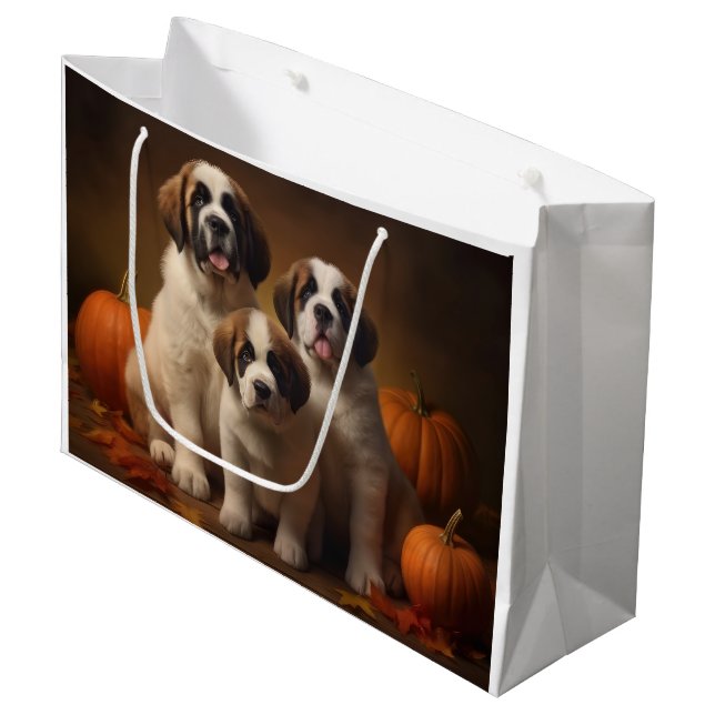 Grand Sac Cadeau Saint Bernard Puppy Automne Citrouille (Devant Angle)