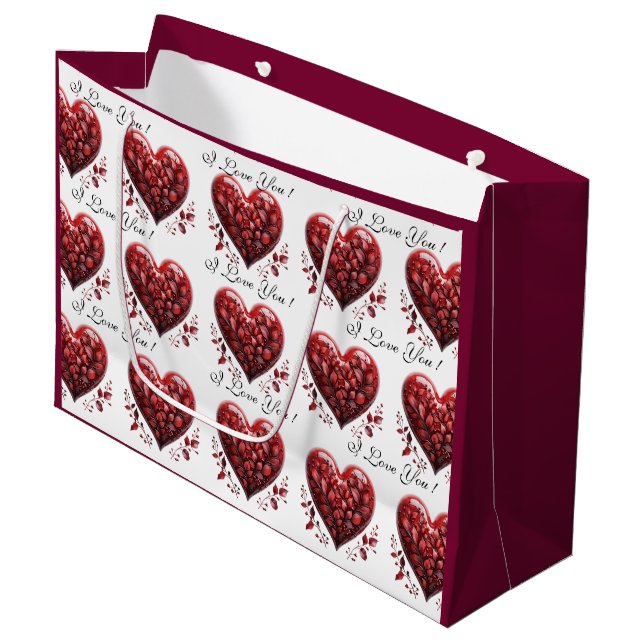 Grand Sac Cadeau Saint Valentin Coeurs rouges Je t'aime (Devant Angle)