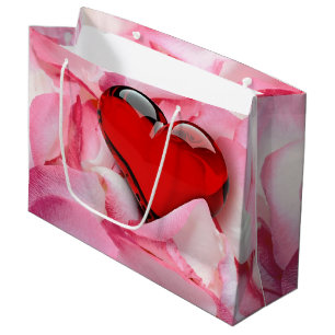 Grand Sac Cadeau Saint-Valentin Rouge Verre Coeur Rose Pétales