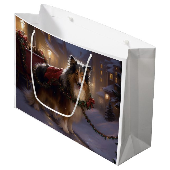 Grand Sac Cadeau Saison de Noël du Shetland Sheepdog (Devant Angle)