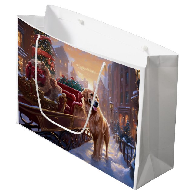 Grand Sac Cadeau Saison de Noël Golden Retriever (Devant Angle)