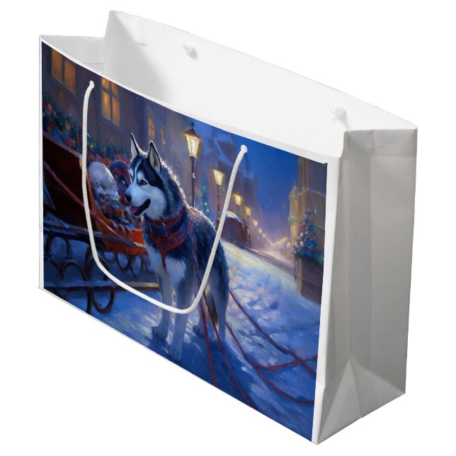 Grand Sac Cadeau Saison de Noël Sibérienne Husky (Devant Angle)