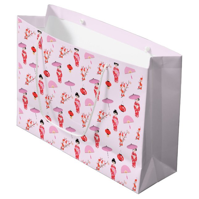 Grand Sac Cadeau Sakura Cerry Blossom Japonaise Fête d'Anniversaire (Devant Angle)
