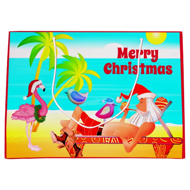 Grand Sac Cadeau Santa Clause et Birds Beach Joyeux Noël (Devant)