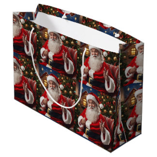 Grand Sac Cadeau Santa Clause souriant et agitant